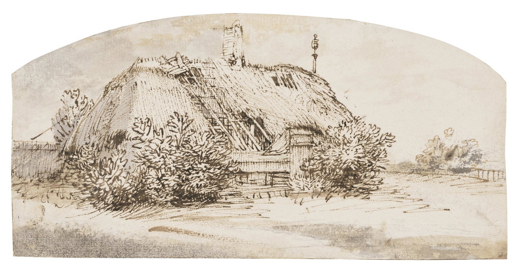 A ruined thatched cottage overgrown with b ushes. Image courtesy of Christie's