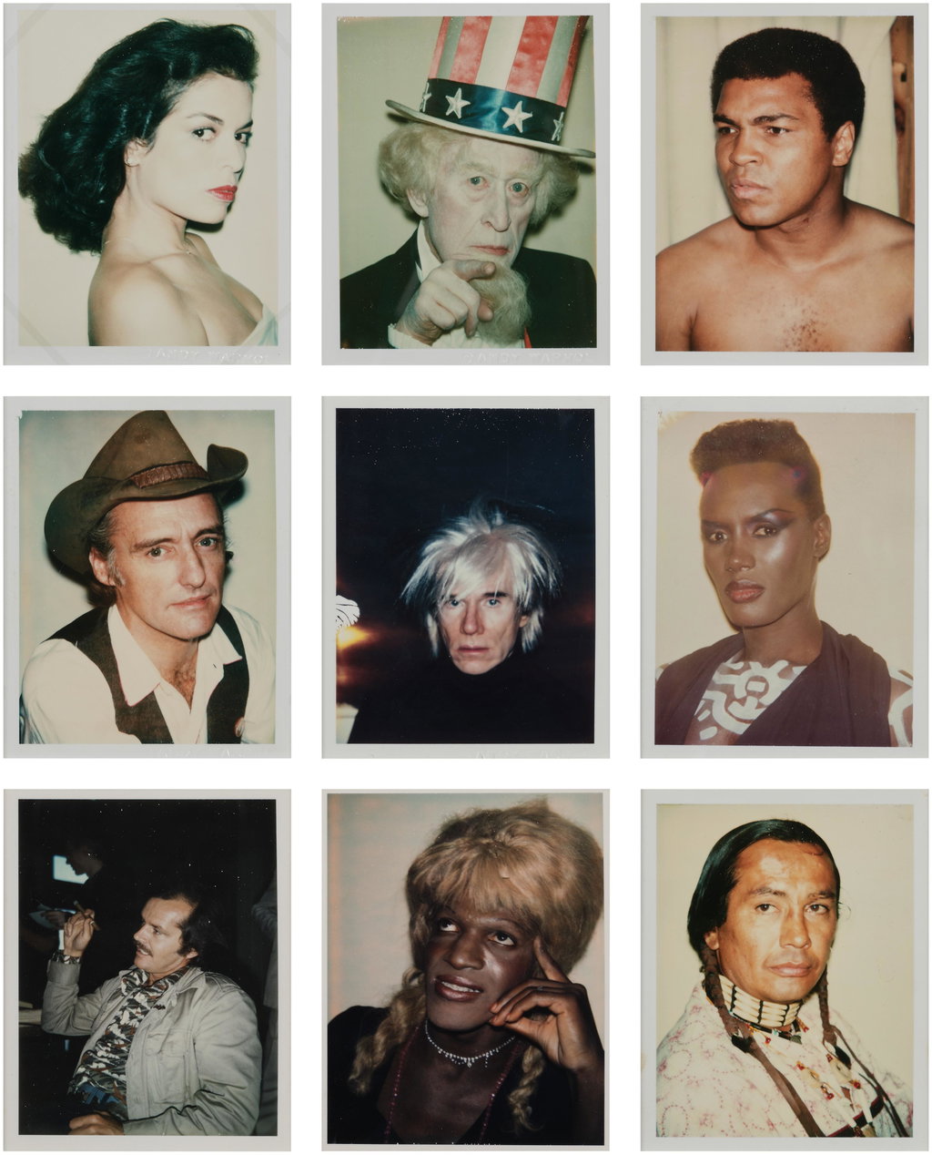 Nine Polaroids: Bianca Jagger; Uncle Sam; Muhammad Ali; Dennis Hopper; Self-Portrait in Fright Wig; Grace Jones; Jack Nicholson; Ladies and Gentlemen (Marsha P. Johnson); The American Indian (Russell Means). Image courtesy of Phillips