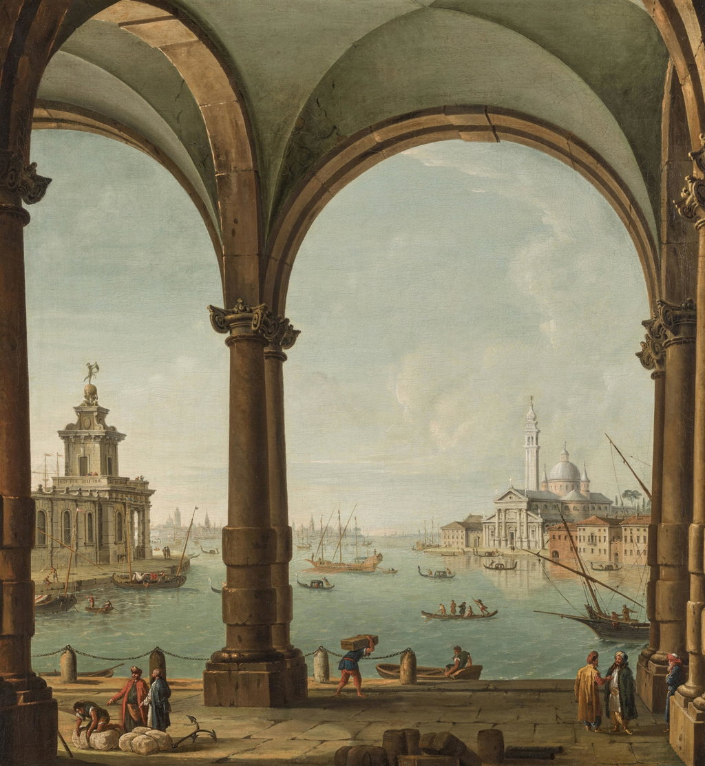 Capriccio of the Bacino di San Marco, Venice, from the entrance to the Giudecca, with the Punta della Dogana and San Giorgio Maggiore through a vaulted loggia by Antonio Joli sold for $296,400. Image courtesy of Sotheby's