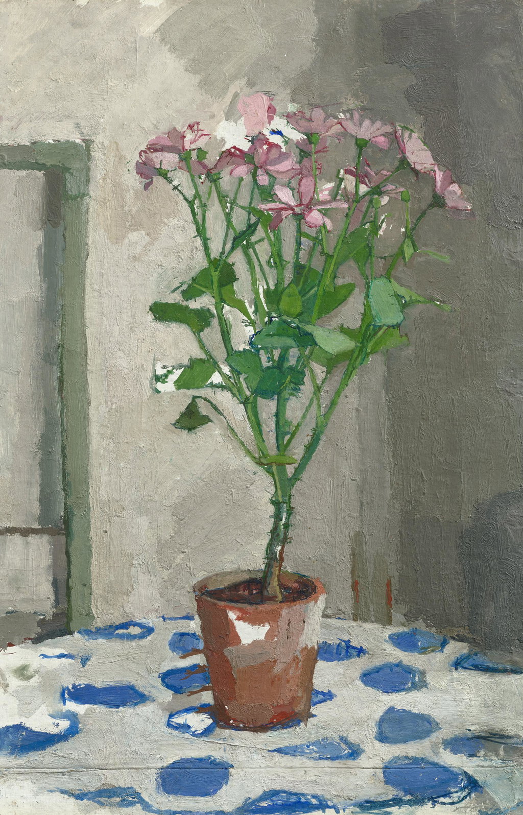 Pink Potted Flowers on Cloth with Blue Design by Euan Uglow sold for $229,000. Image courtesy of Christie's