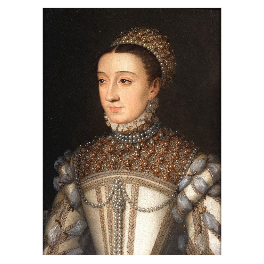 Portrait of a lady, bust-length, in white and gold brocaded dress and headdress embellished with pearls by Follower of Francois Clouet sold for $23,900. Image courtesy of Bonhams