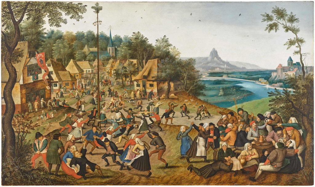 Village scene with peasants carousing and dancing around a maypole by Pieter Brueghel the Younger estimated at $3.3m (low) to $4.62m (high). Image courtesy of Sotheby's