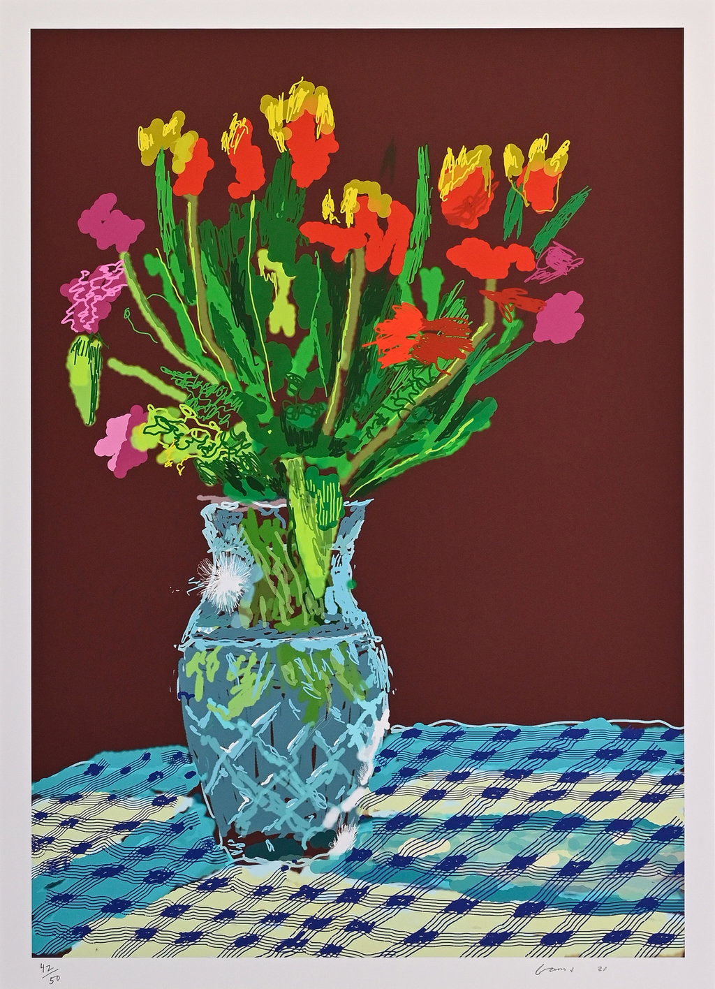 24th February 2021, Red, Yellow and Purple Flowers on a Blue Tablecloth by David Hockney sold for $64,400. Image courtesy of Sotheby's