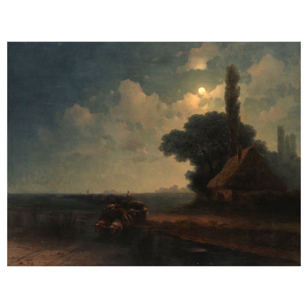 An oxwagon traversing a ford on a moonlit evening by Ivan Konstantinovich Aivazovsky sold for $850,300. Image courtesy of Bonhams