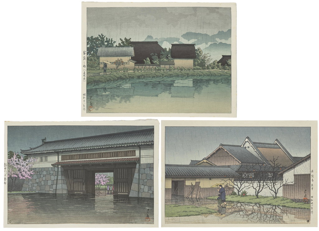 A group of three rain prints by Kawase Hasui sold for $3,328 (3228% above estimate). Image courtesy of Christie's