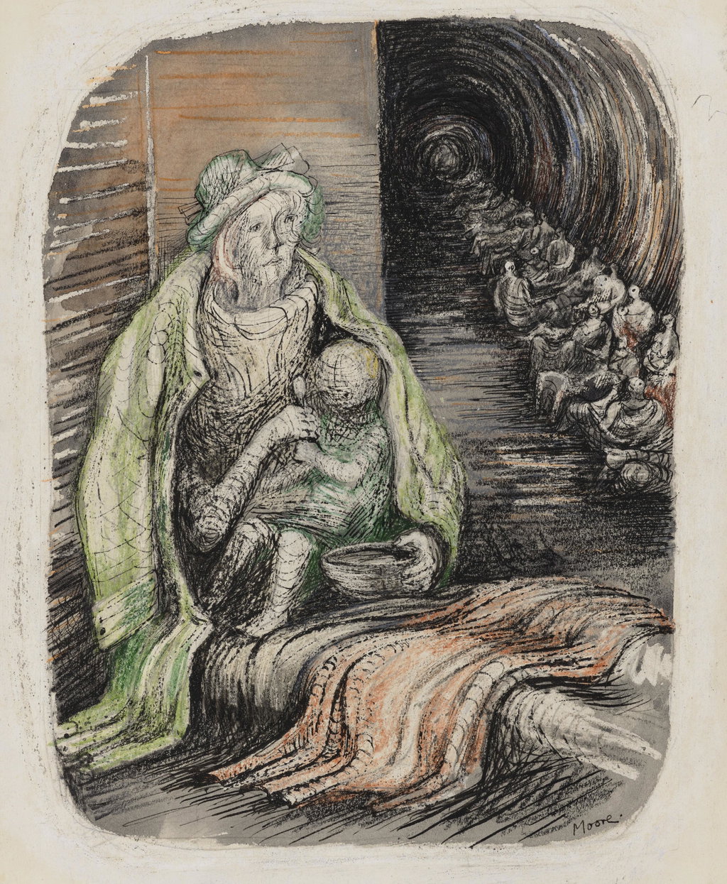 Woman in an Underground Shelter Feeding a Child. Image courtesy of Christie's