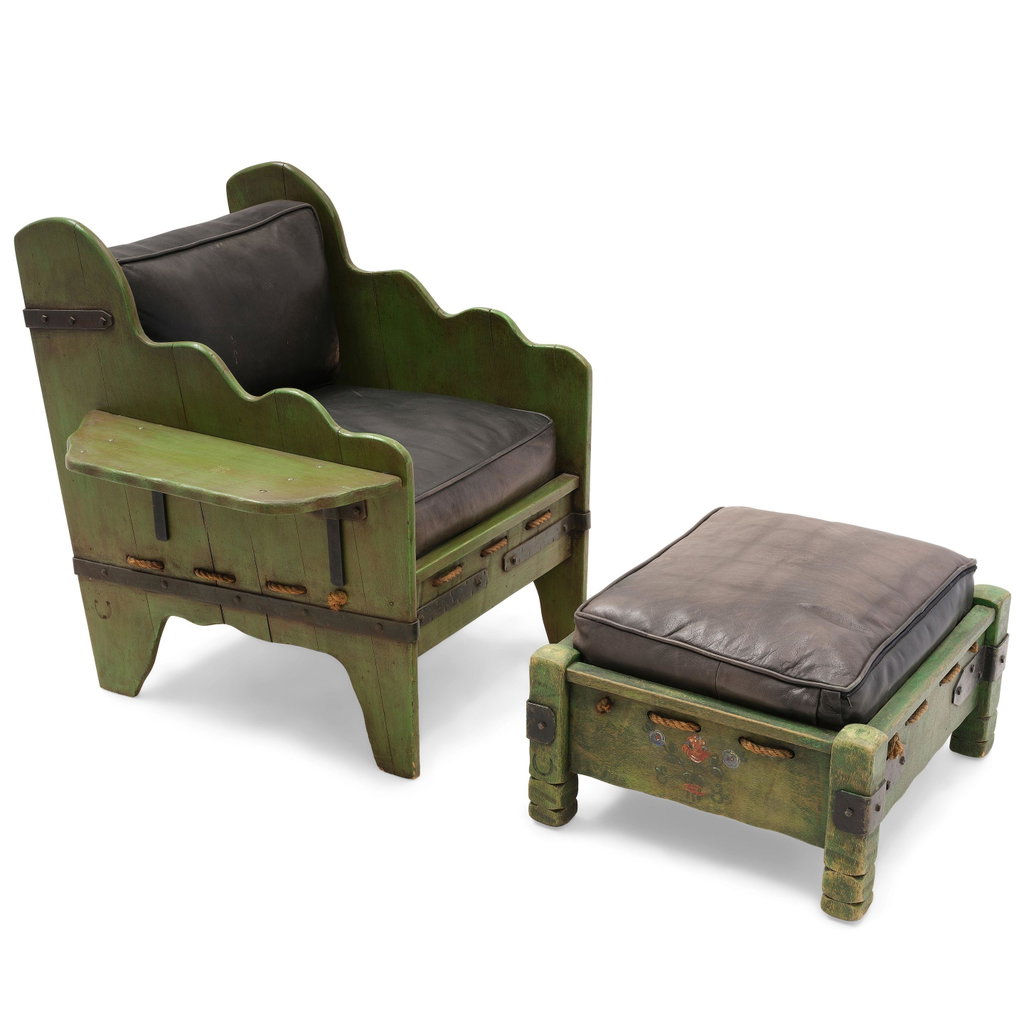A MONTEREY IRON MOUNTED ROPE AND PAINT DECORATED SPAINISH GREEN STAINED 'BUCKAROO' LOUNGE CHAIR AND OTTOMAN by No Artist sold for $17,900. Image courtesy of Bonhams