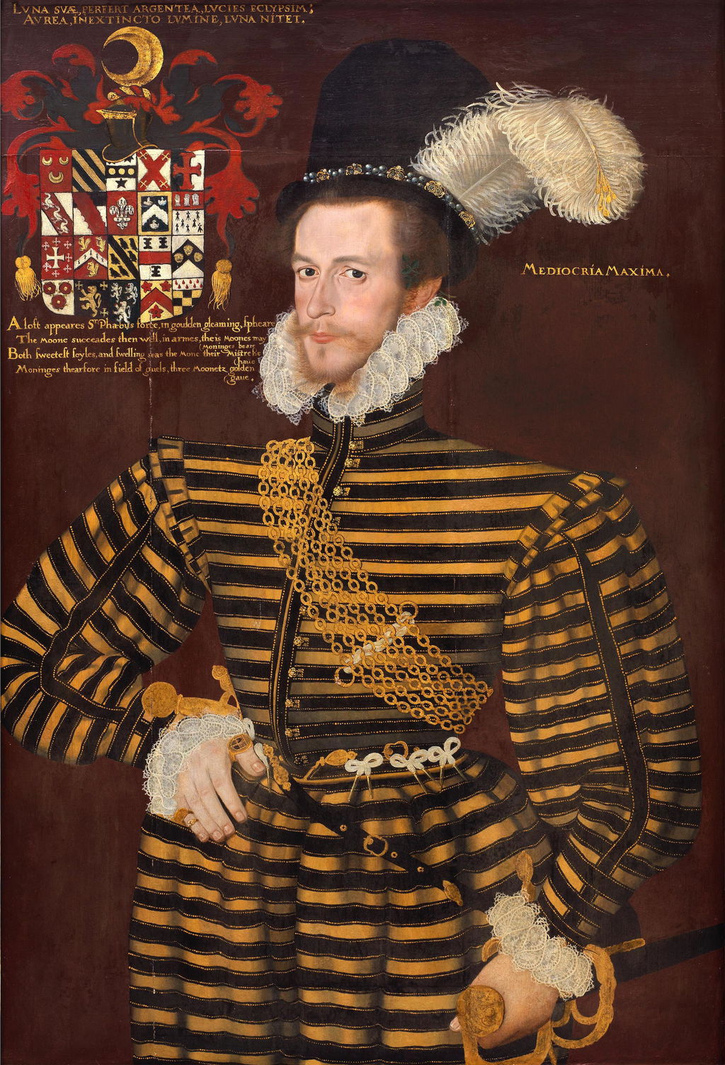 Portrait of Sir Edward Monins of Waldershare, three-quarter-length, in a black and gold striped doublet and plumed cap by George Gower sold for $1.53m.
Image courtesy of Bonhams