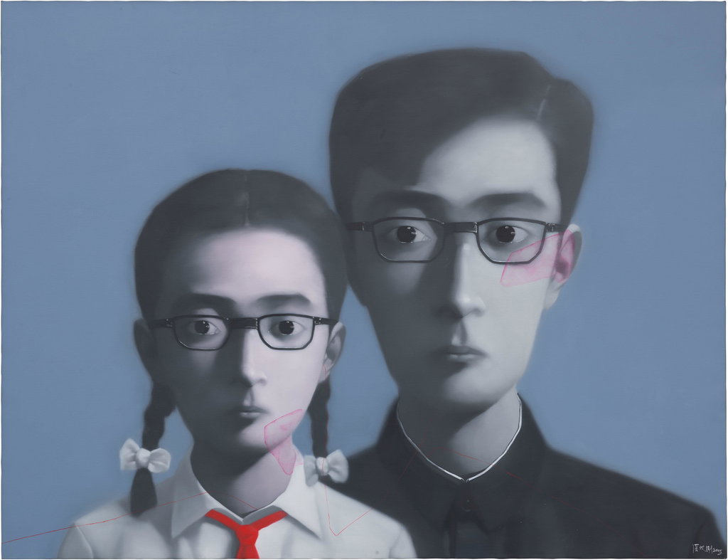 Bloodline Series - Father and Daughter by Zhang Xiaogang sold for $857,100. Image courtesy of Phillips