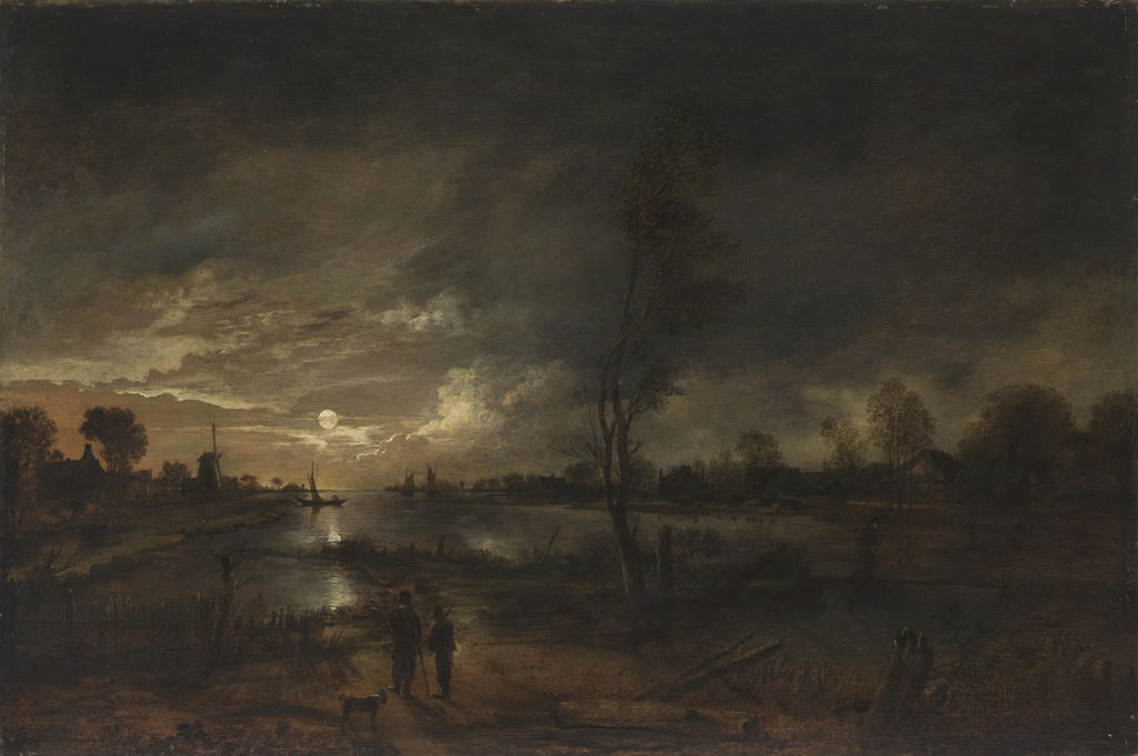 A moonlit river landscape with figures on the bank and a town beyond. Image courtesy of Christie's