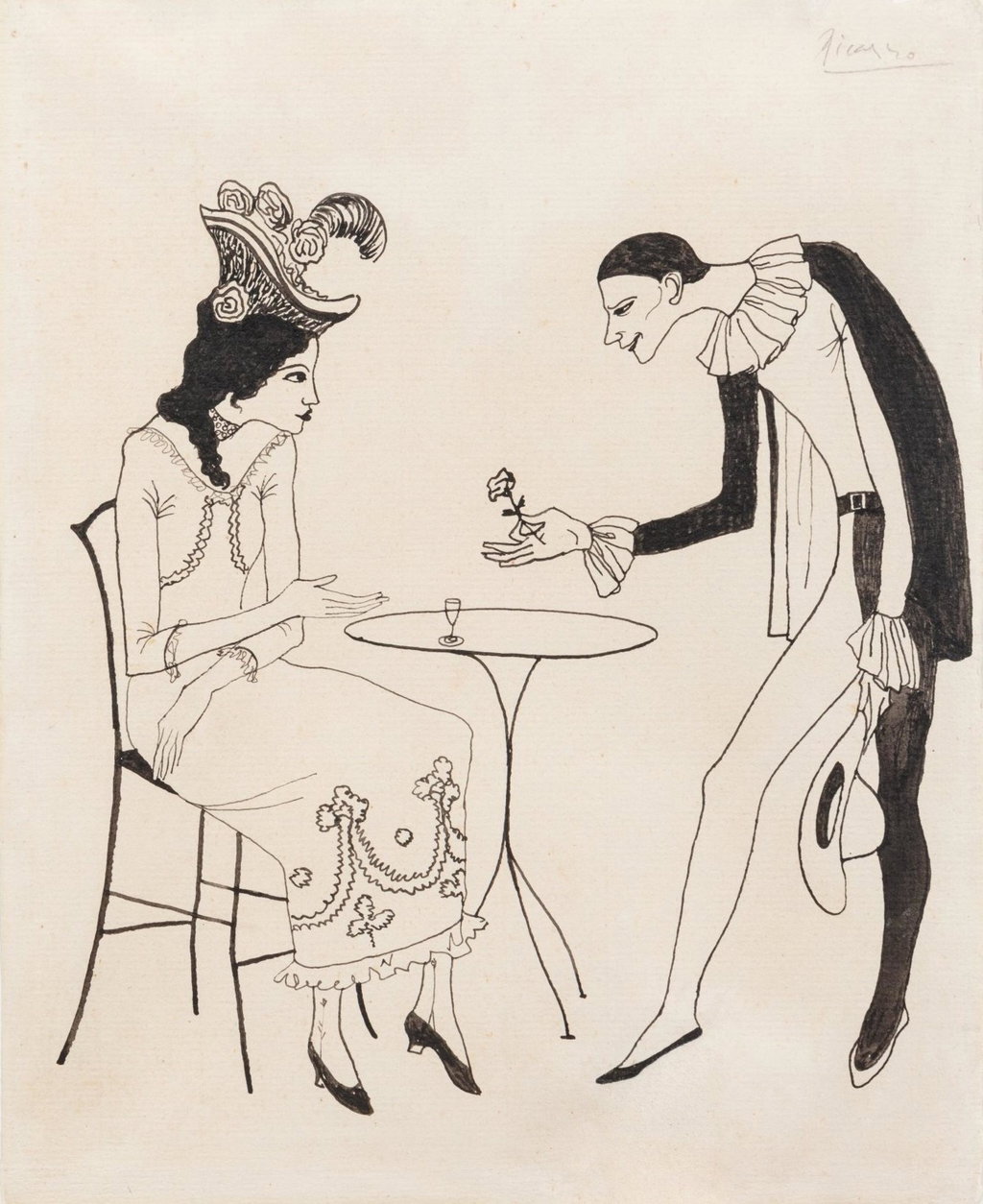 Jeune femme au café courtisée par un pierrot (L'Offrande). Image courtesy of Sotheby's