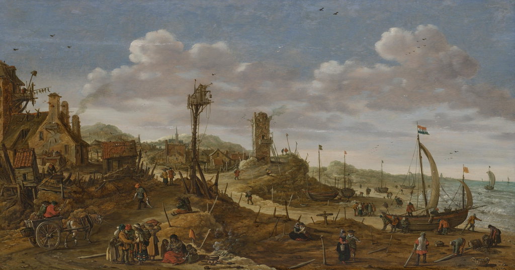 A coastal scene with boats drawn up on a beach by a village. Image courtesy of Christie's