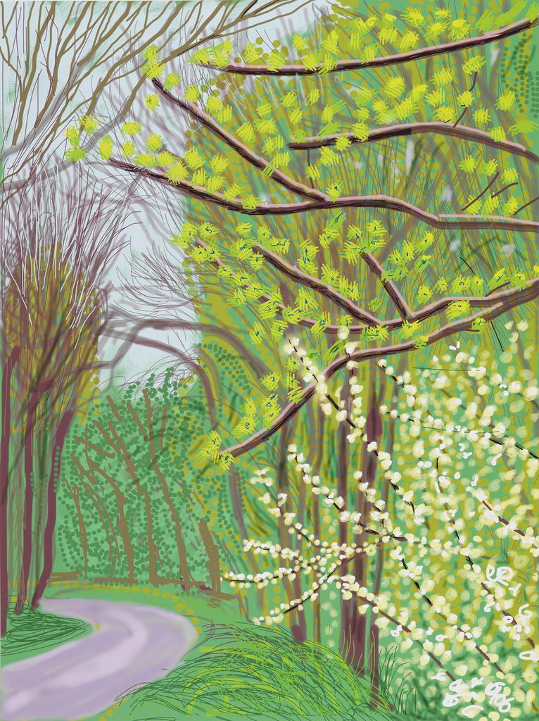 The Arrival of Spring in Woldgate, East Yorkshire in 2011 (twenty eleven) - 14 April (2011) by David Hockney sold for $477,900. Image courtesy of Sotheby's