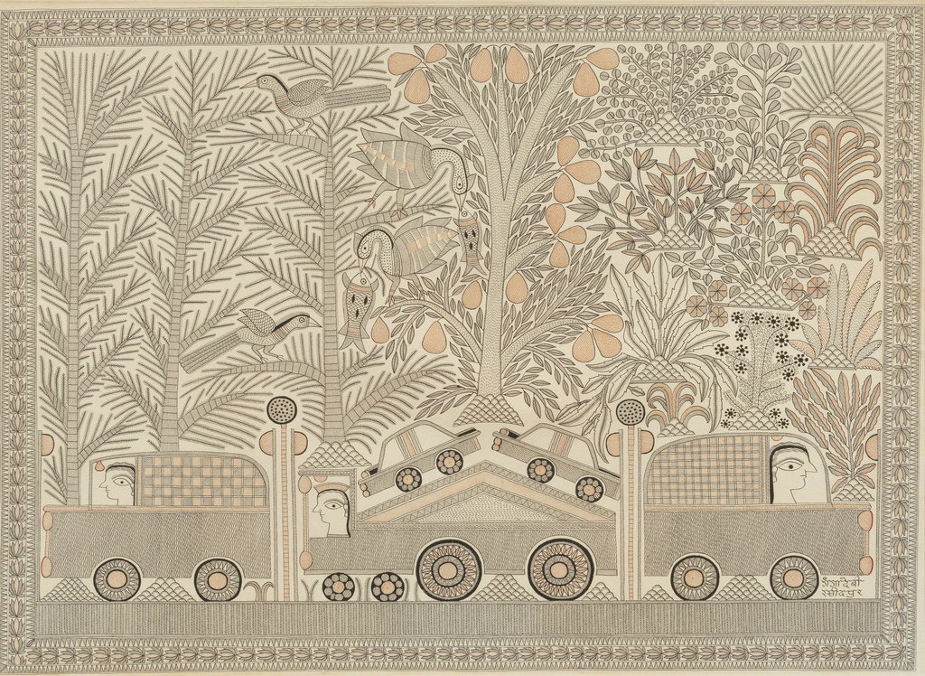 Untitled (Women in cars) by Ganga Devi sold for $20,800. Image courtesy of Bonhams