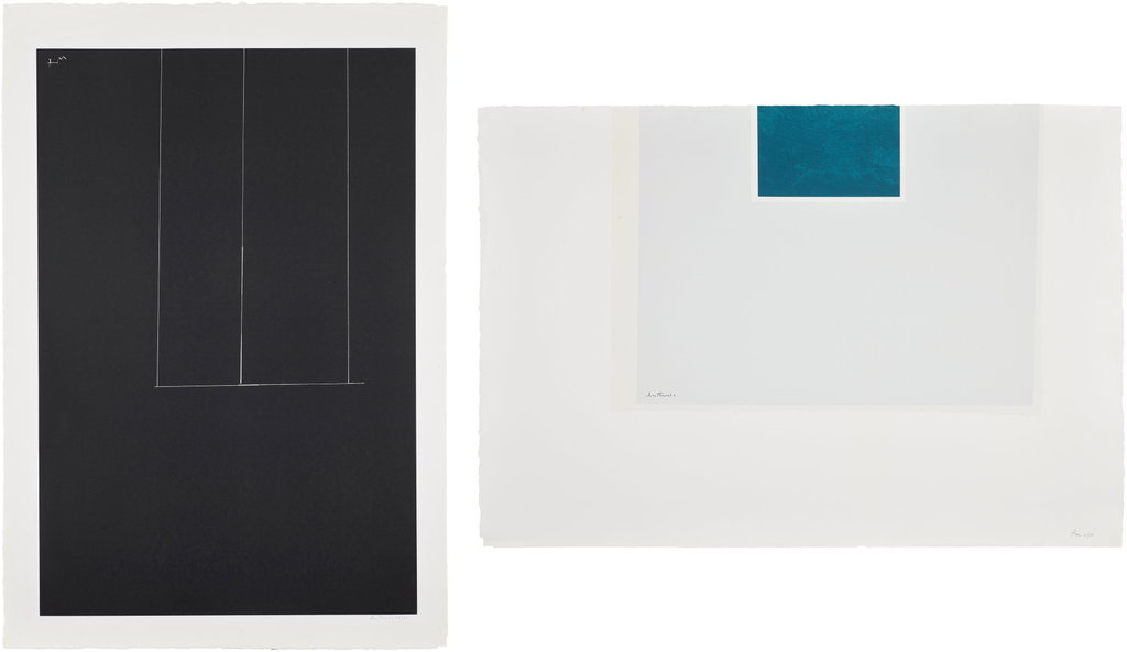 Untitled (Black), from London Series I; and Untitled (Blue/Pale Blue), from London Series II by Robert Motherwell sold for $7,095. Image courtesy of Phillips