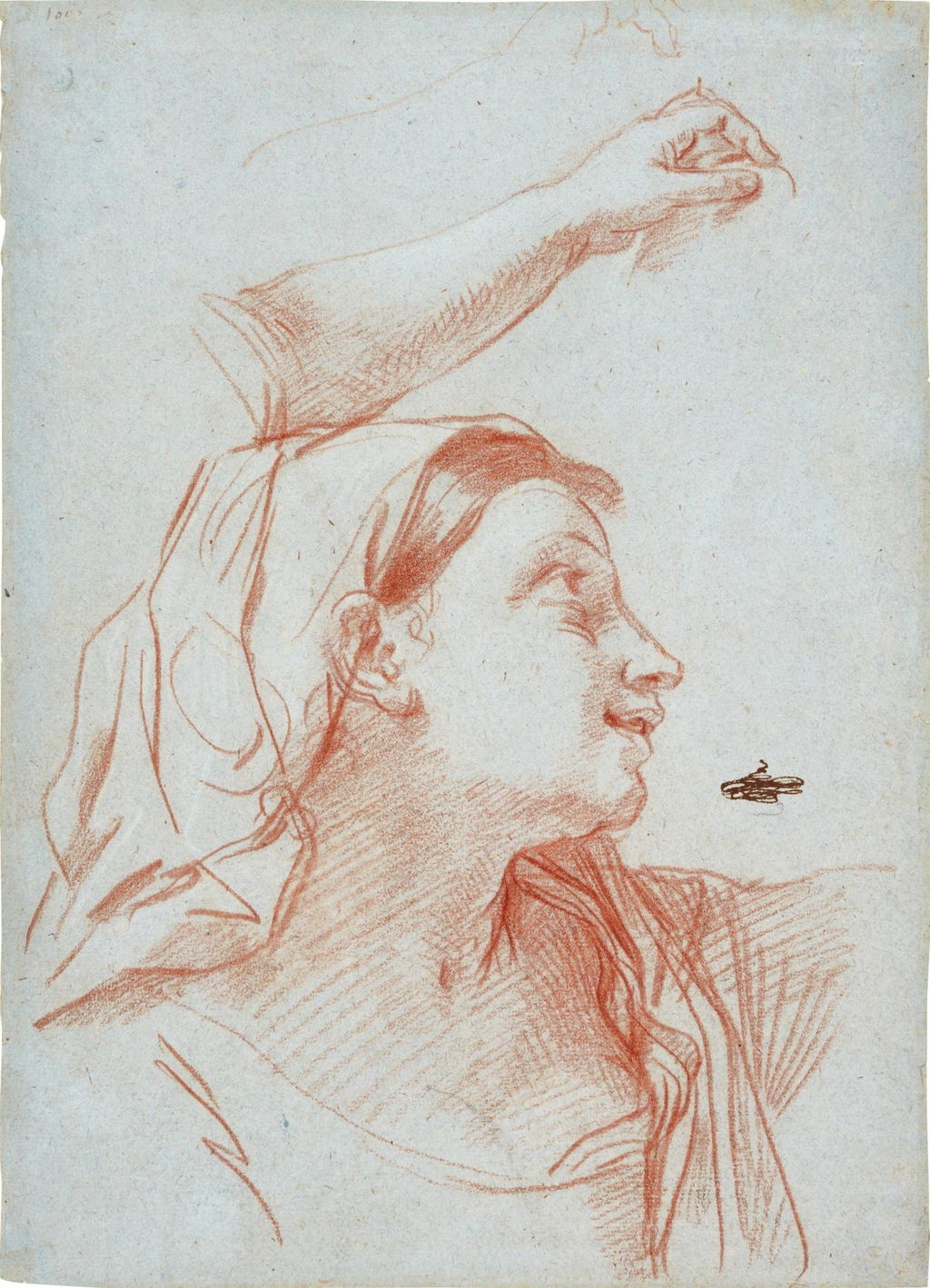 Study of a woman seen in profile, head and shoulders, and a separate study of her left arm with a slight indication of its upper contour studied at the top, her hand holding a cloth. Image courtesy of Sotheby's