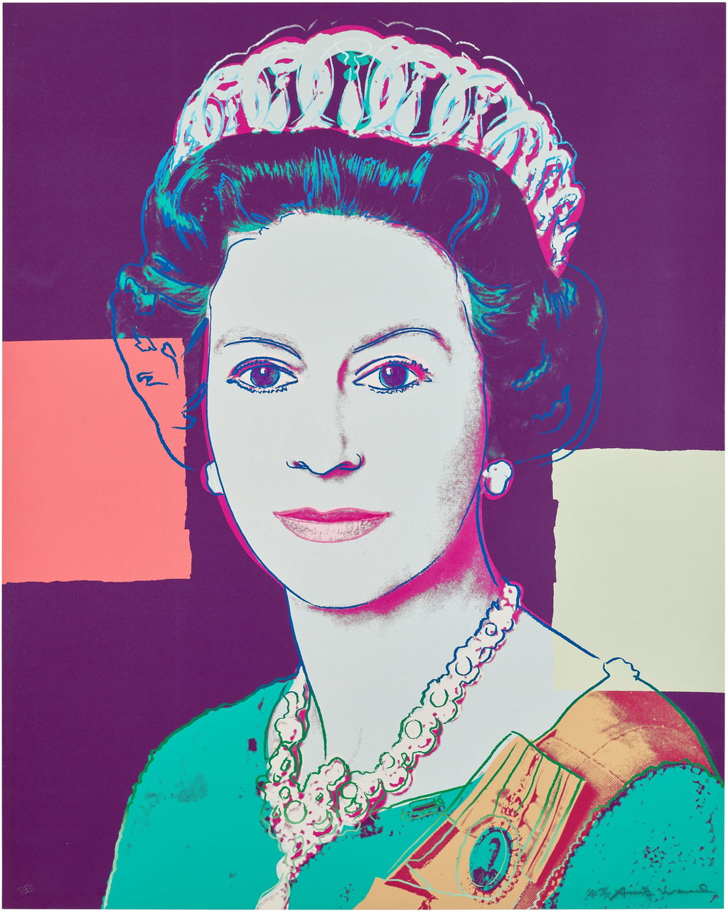 Queen Elizabeth II of the United Kingdom, from Reigning Queens by Andy Warhol sold for $180,600. Image courtesy of Phillips
