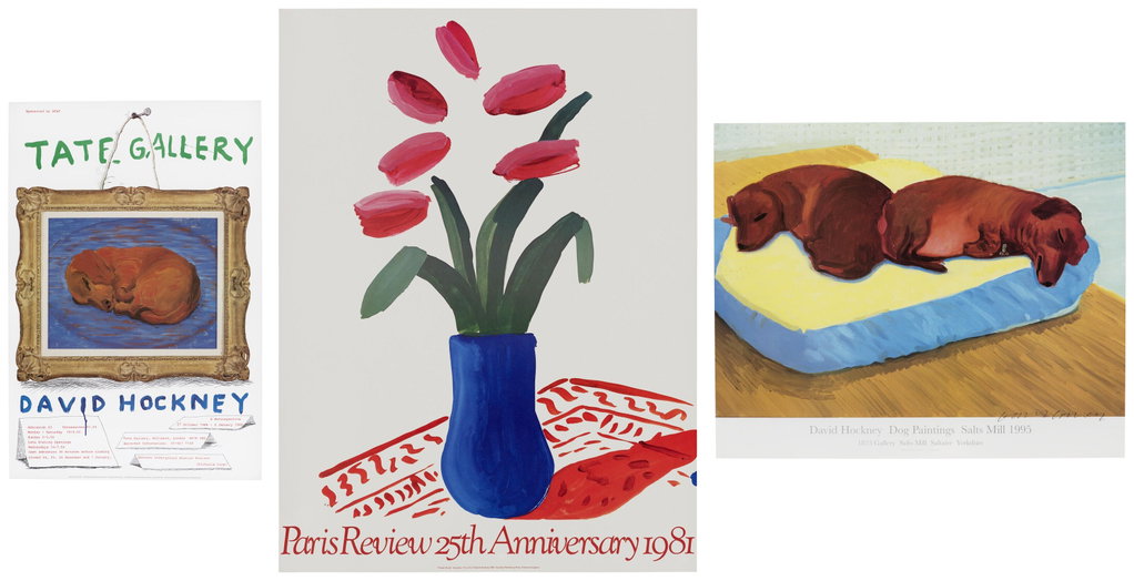 A collection of twelve exhibition posters by David Hockney sold for $11,100 (921% above estimate). Image courtesy of Christie's
