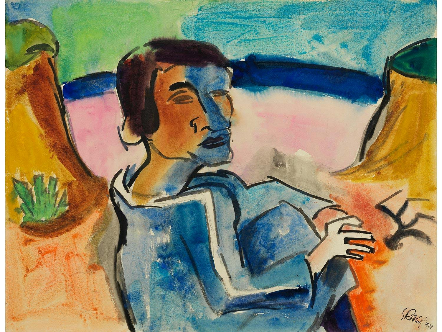 KARL SCHMIDT - ROTTLUFF、FRAU MIT ERNTEHU Karl Schmidt-Rottluff. Girl with Braids (Mädchen mit Zöpfen