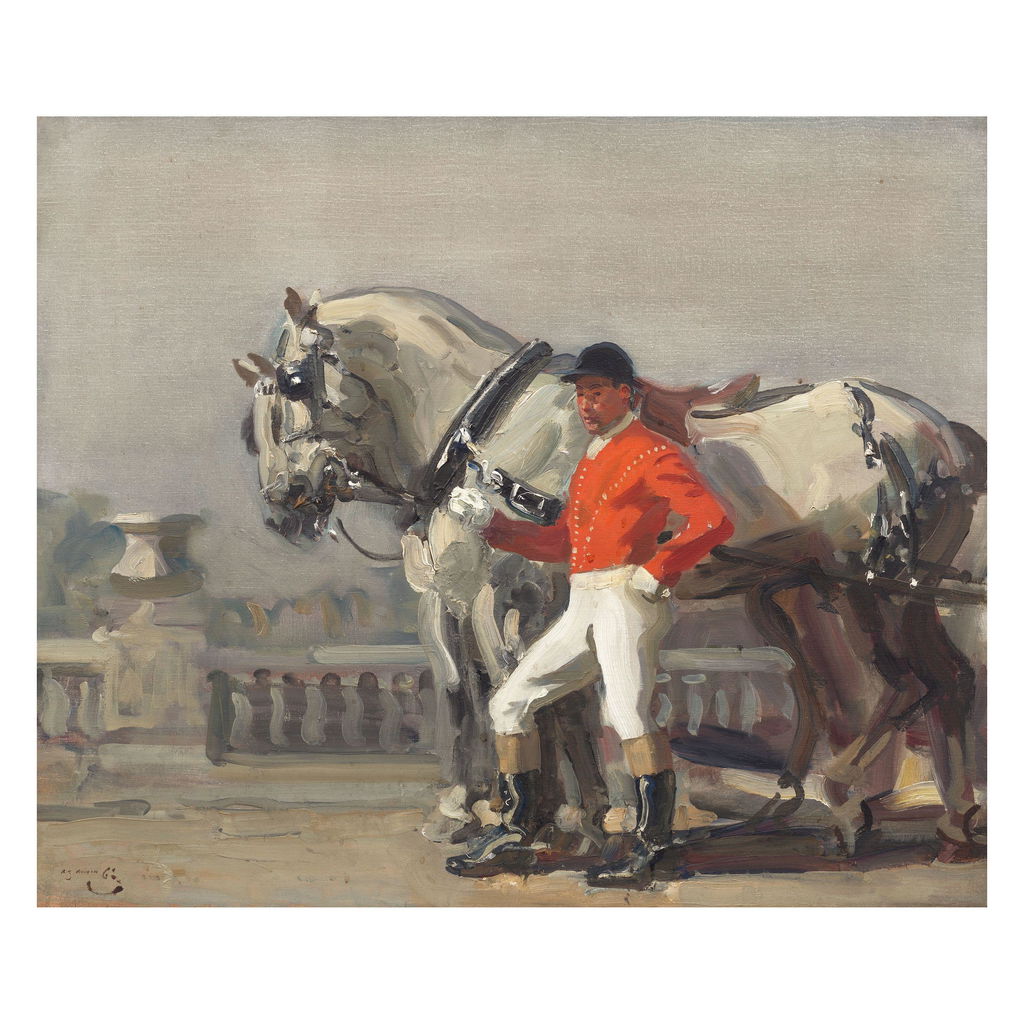 Lead horses and postilion by Alfred Munnings estimated at $134,400 (low) to $201,600 (high). Image courtesy of Bonhams