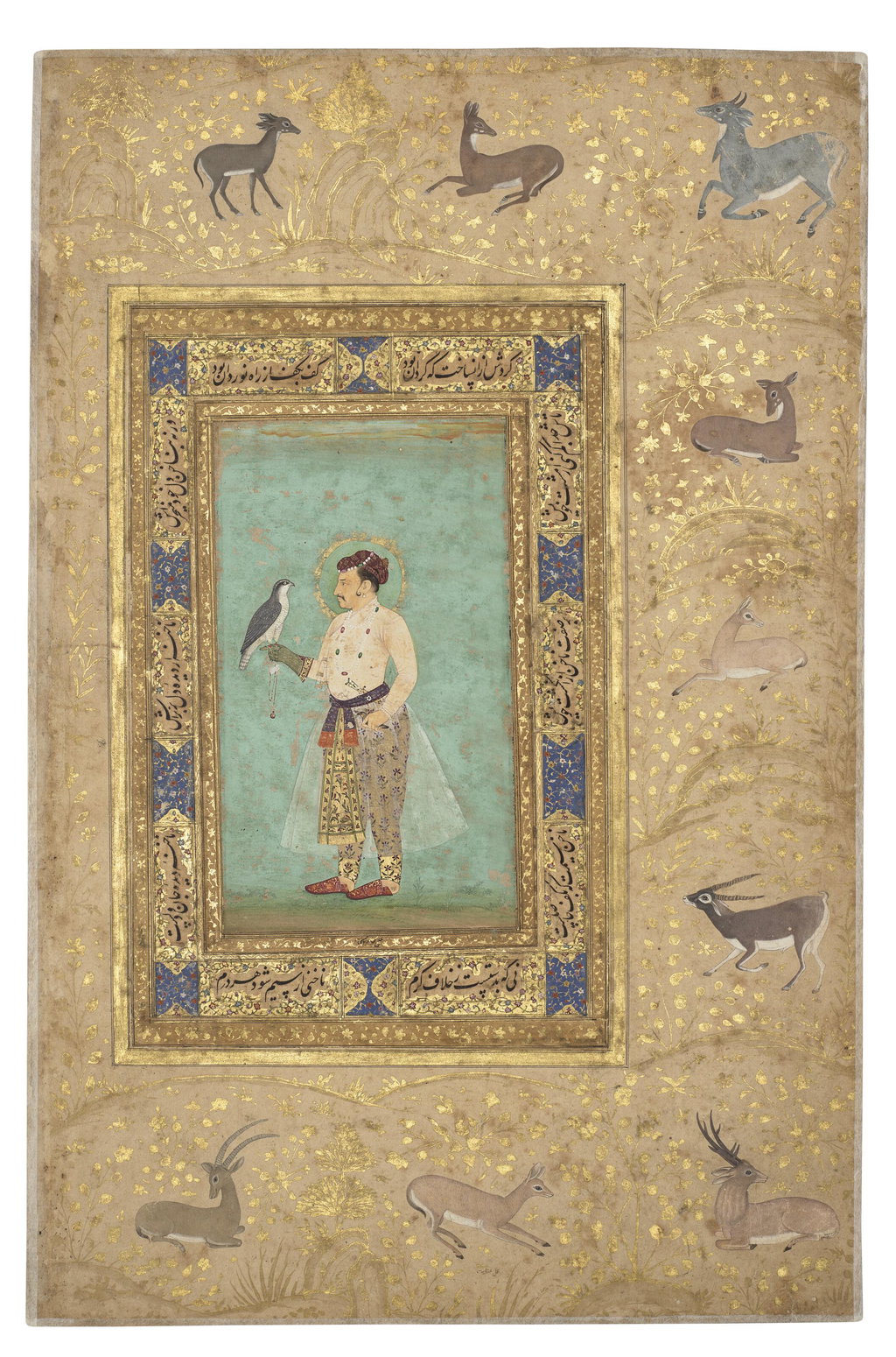 THE EMPEROR JAHANGIR (D.1627) WITH A FALCON by Mughal School estimated at $159,200 (low) to $238,800 (high). Image courtesy of Christie's