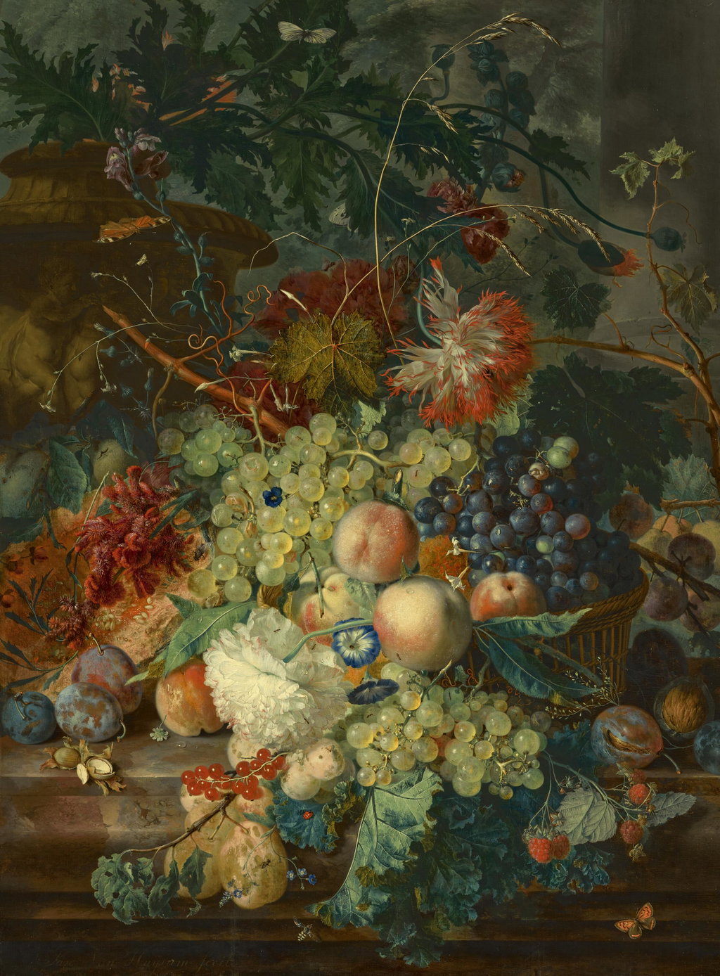 Peaches and grapes in a wicker basket, with fruit and flowers arranged on a marble ledge, including plums, raspberries, redcurrants, melon, hazelnuts, poppy, morning glory, forget-me-not, cockscomb and jasmine, a stone column and terracotta urn beyond, decorated with putti, holding an opium poppy, with butterflies and insects by Jan van Huysum estimated at $4m (low) to $5.34m (high). Image courtesy of Christie's