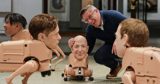 Robot dogs with Musk and Zuckerberg heads roam around Berlin gallery in Beeple's new exhibit