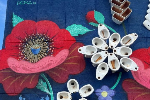 Artist creates edelweiss sculpture from used toilet bowls at Kol Fest -