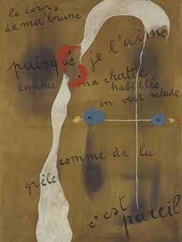 Painting-Poem ("le corps de ma brune puisque je l'aime comme ma chatte habillée en vert salade comme de la grêle c'est pareil") (1925). Sold for $26.78m in 2012. Image courtesy of Christie's