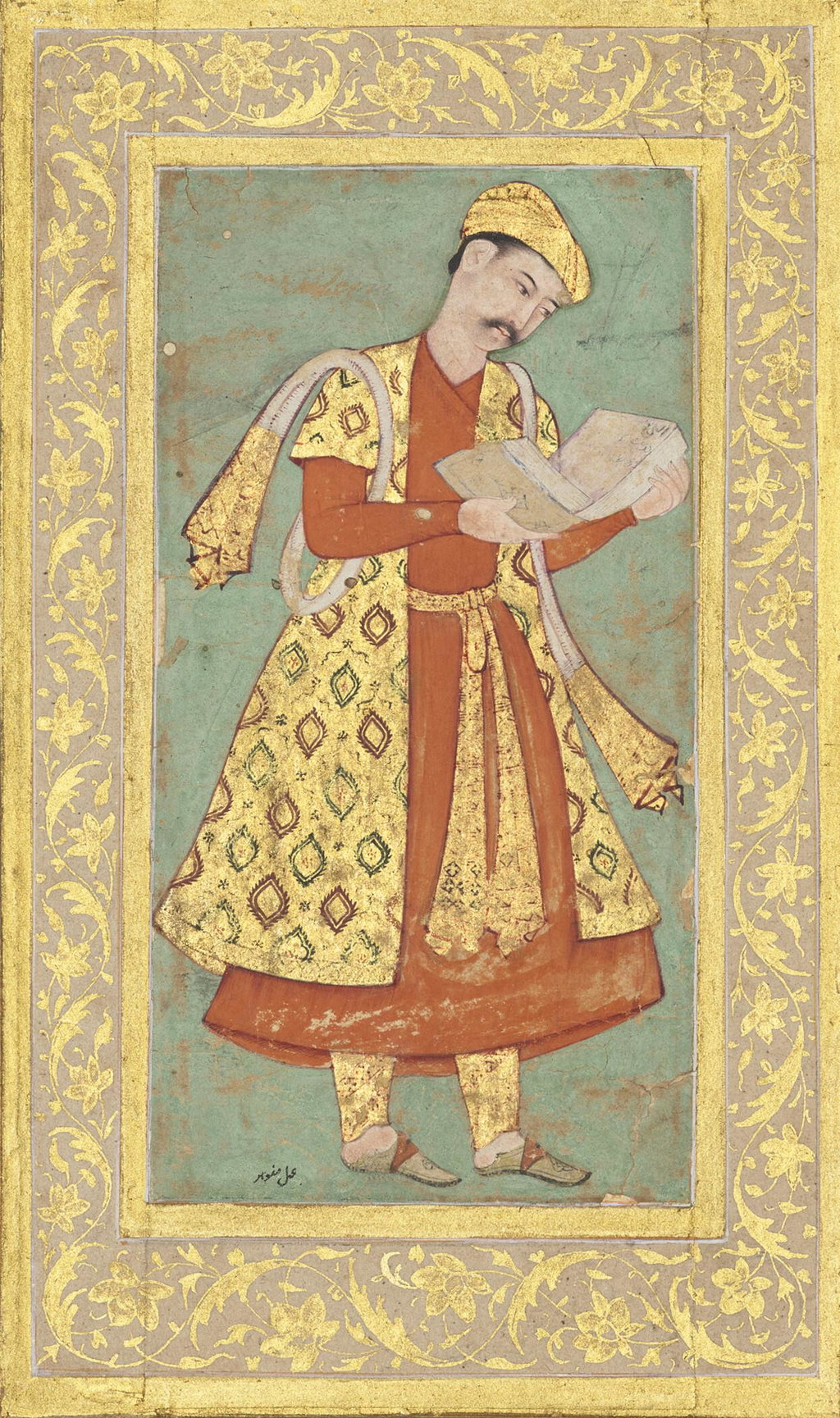 A COURTIER HOLDING A BOOK by Mughal School estimated at $106,100 (low) to $159,200 (high). Image courtesy of Christie's