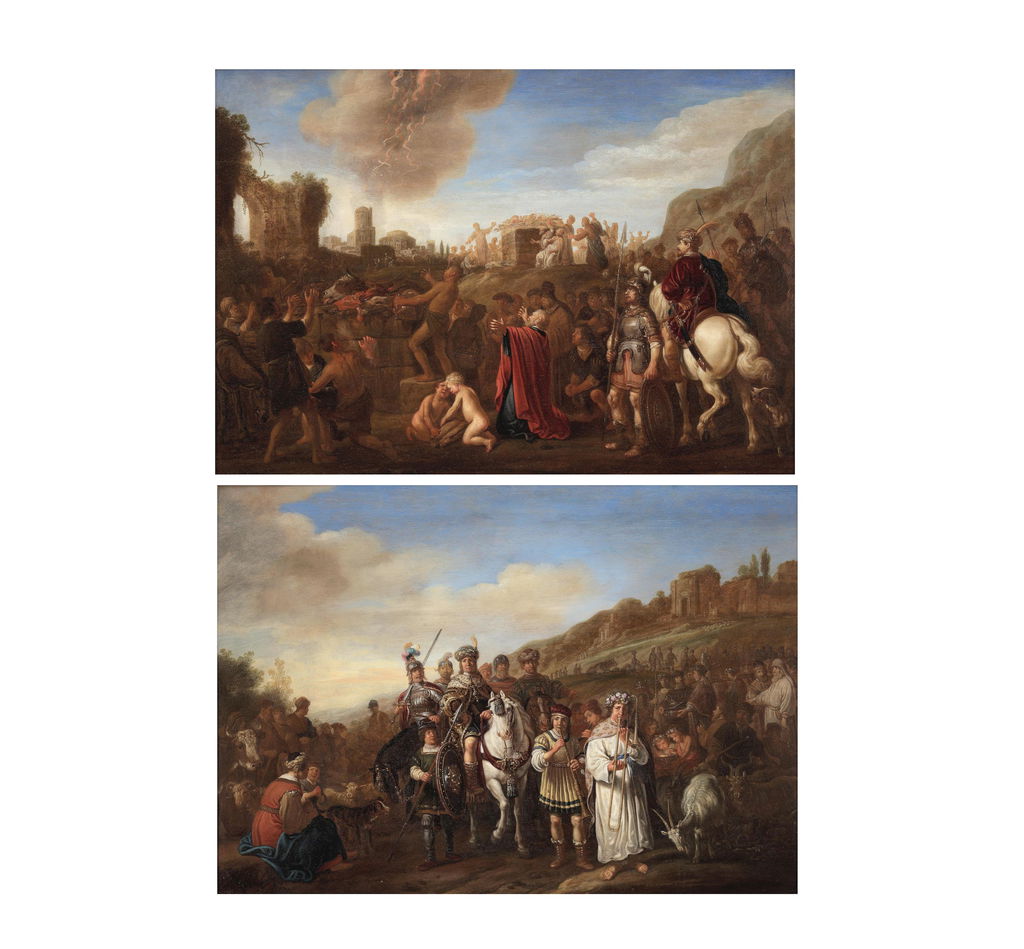 Joshua carrying the Ark of the Covenant around Jericho; and The Sacrifice of Elijah and the priests of Baal. Image courtesy of Bonhams