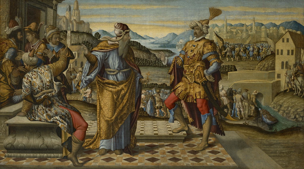 Mehmed II and the Patriarch Gennadius outside the Walls of Constantinople by Girolamo da Santacroce sold for $888,500 (565% above estimate). Image courtesy of Christie's