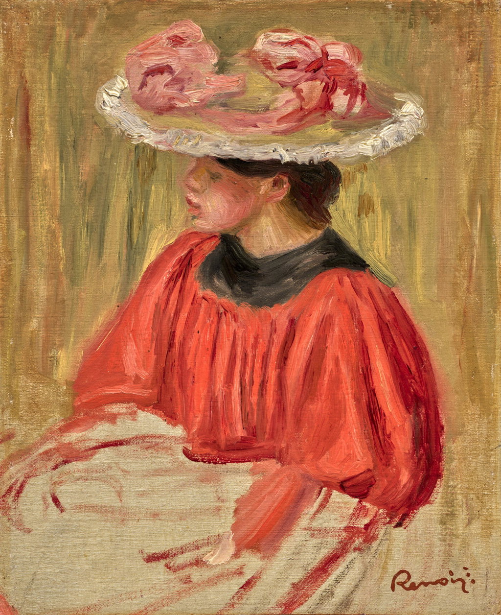 Young Girl in Red with a Flowered Hat by Pierre-Auguste Renoir sold for $600,200. Image courtesy of Christie's