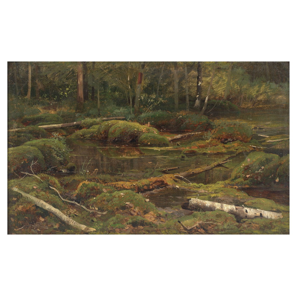 A forest stream by Attributed to Ivan Ivanovich Shishkin sold for $139,900 (1616% above estimate). Image courtesy of Bonhams