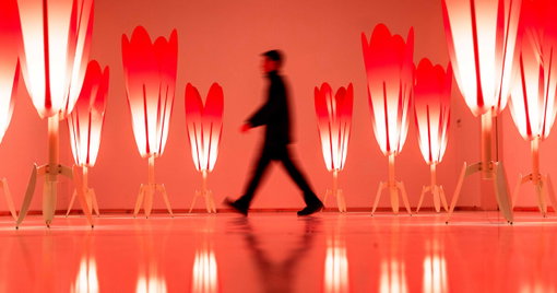 translucent red acrylic tulips form a glowing participatory light and sound installation