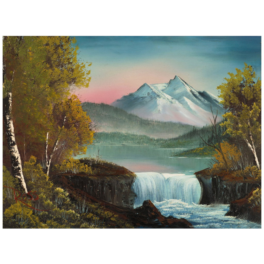 Bob Ross's Mountain Waterfall (1983) sold for $406,900 at Bonhams Skinner, more than ten times its low estimate. Image courtesy of the auction house