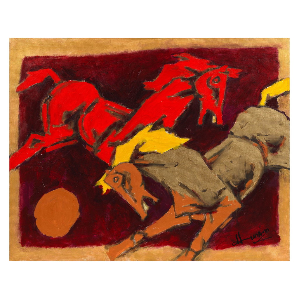 Untitled (Horses) by M.F. Husain sold for $325,400. Image courtesy of Bonhams