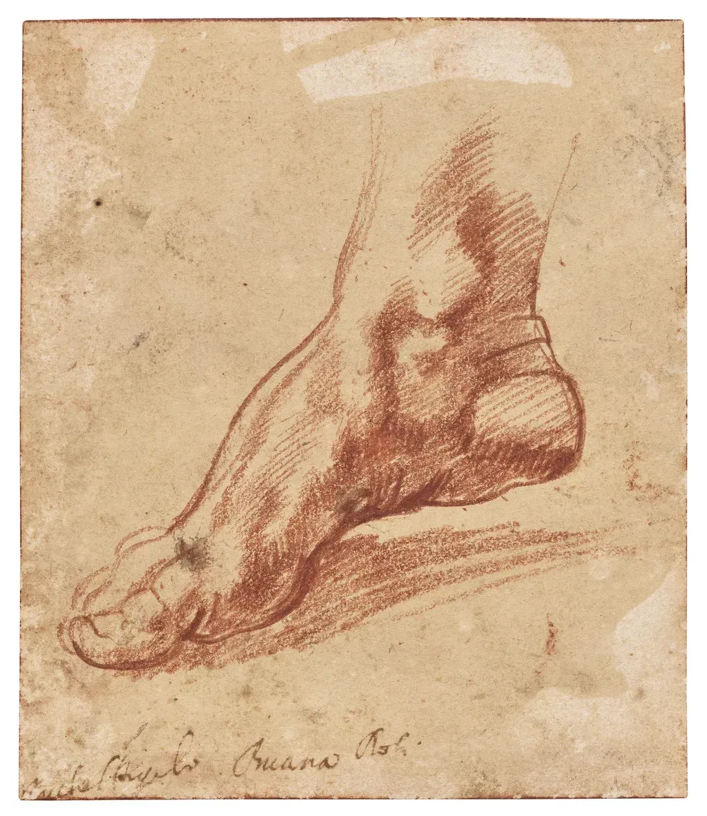 A recently attributed study by Michelangelo, Study for foot of the Libyan Sibyl (recto); Study of a leg with knee bent (verso), sold for $27.2m. Image courtesy of Christie's.