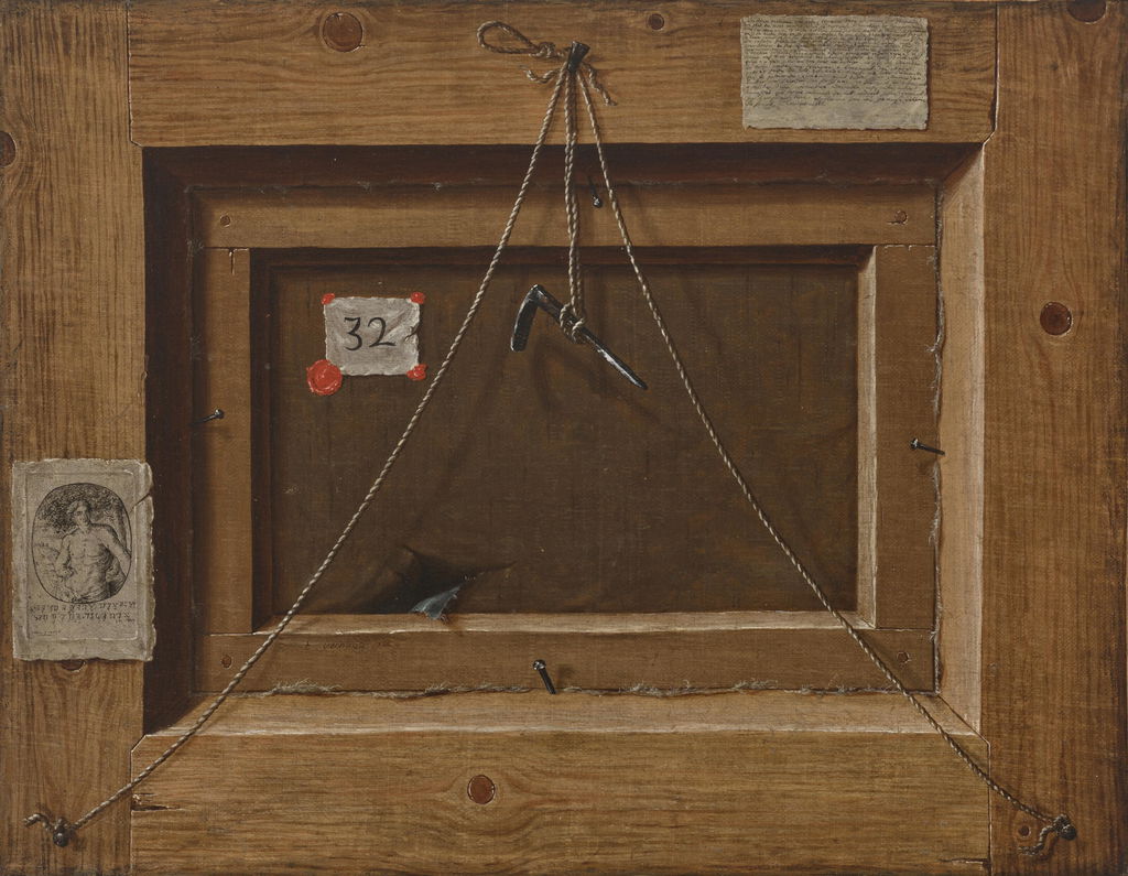 A trompe l'oeil of the back of a painting with an extensively inscribed label, hanging cords, an inventory number with red wax, and a Hebrew bookplate. Image courtesy of Christie's