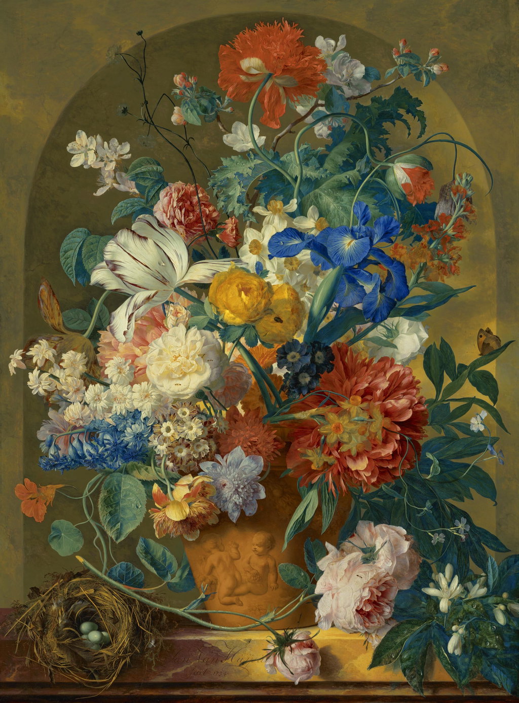Roses, orange blossom, peonies, narcissi, poppies and other flowers in a terracotta vase decorated with putti, and a bird’s nest on a marble ledge, before a niche. Image courtesy of Christie's