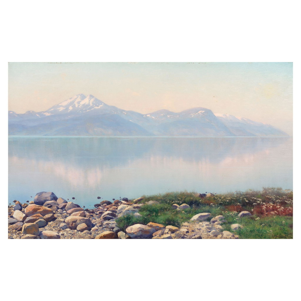 A lake landscape with mountains beyond by Constantin Kryzhitsky sold for $204,500. Image courtesy of Bonhams
