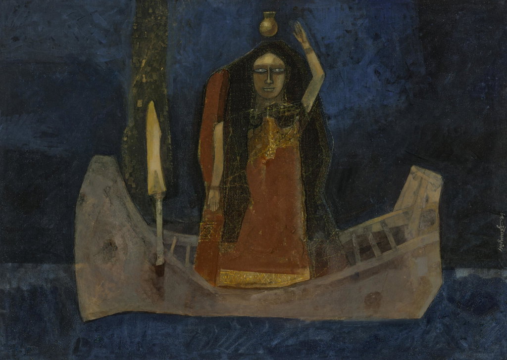 Woman in a Boat (Savitri or Behula) by Ganesh Pyne sold for $992,000. Image courtesy of Christie's