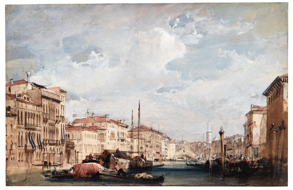 The Grand Canal, Venice, with the Rialto Bridge in the distance by Richard Parkes Bonington sold for $338,800. Image courtesy of Sotheby's