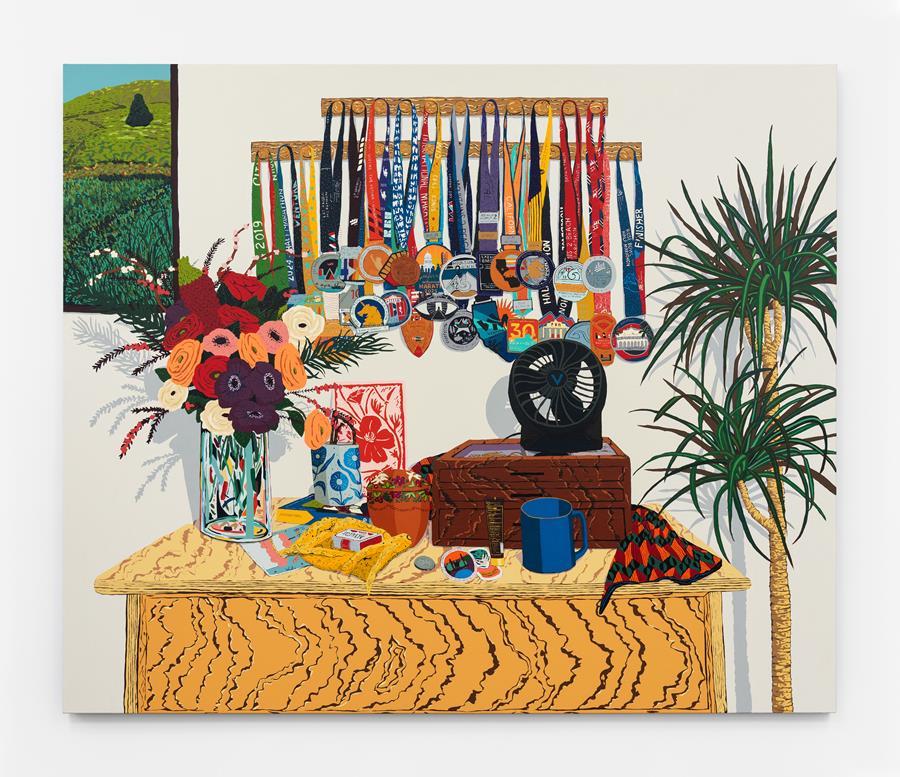 Hilary Pecis, Medals, 2026, acrylic on linen, 77 x 92 x 1 5/8 inches (195.6 x 233.7 x 4.1 cm). Photo: Paloma Dooley
