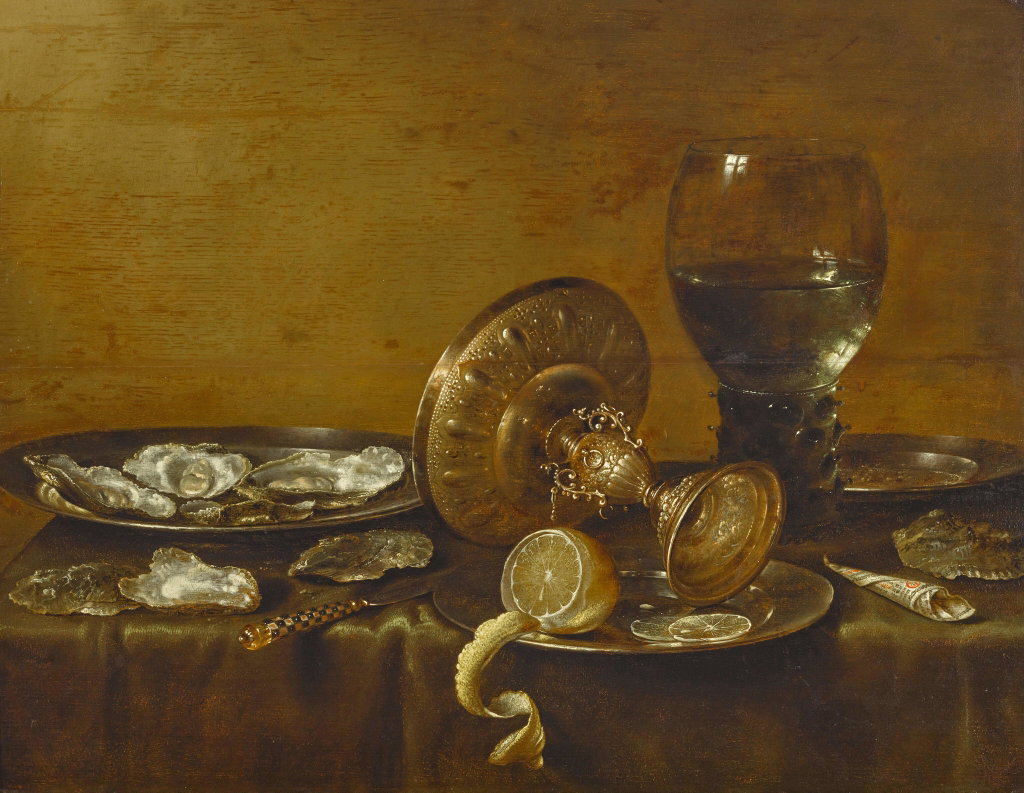 A still life with a roemer, an upturned silver tazza, oysters on a pewter plate, a knife and a peeled lemon on a draped table by Willem Claesz Heda sold for $288,000. Image courtesy of Sotheby's