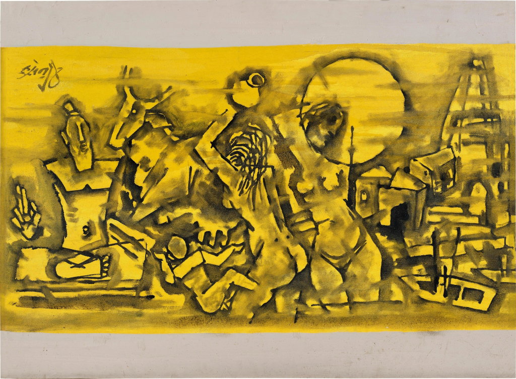 Untitled (Benares) by M.F. Husain estimated at $338,200 (low) to $473,500 (high). Image courtesy of Sotheby's