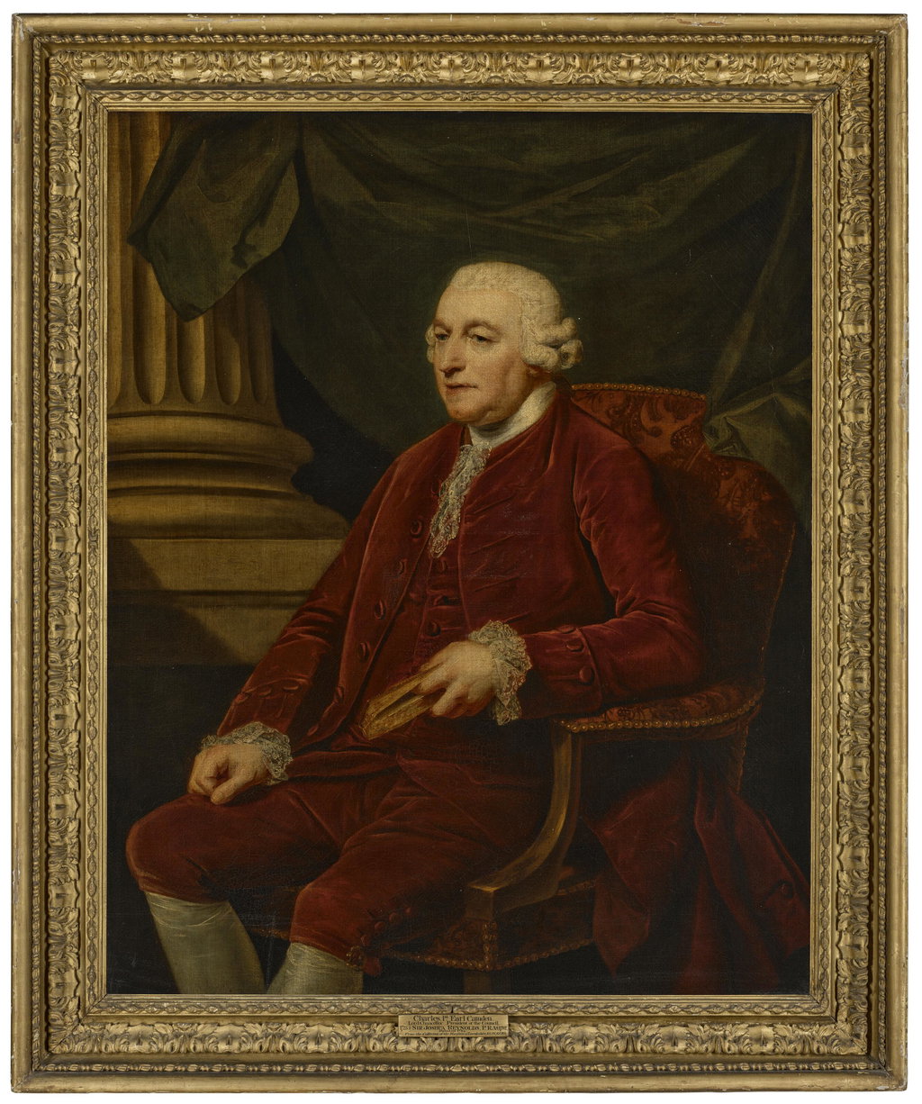 Portrait of Charles Pratt, 1st Earl Camden (1714-1794), seated three-quarter-length, in a maroon coat and breeches, holding a book. Image courtesy of Christie's