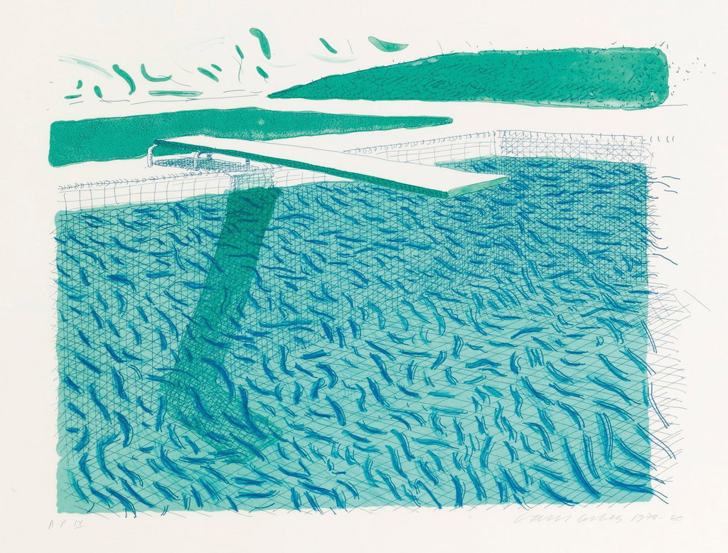 Lithographic Water Made Of Lines, Crayon And a Blue Wash by David Hockney sold for $207,100. Image courtesy of Phillips