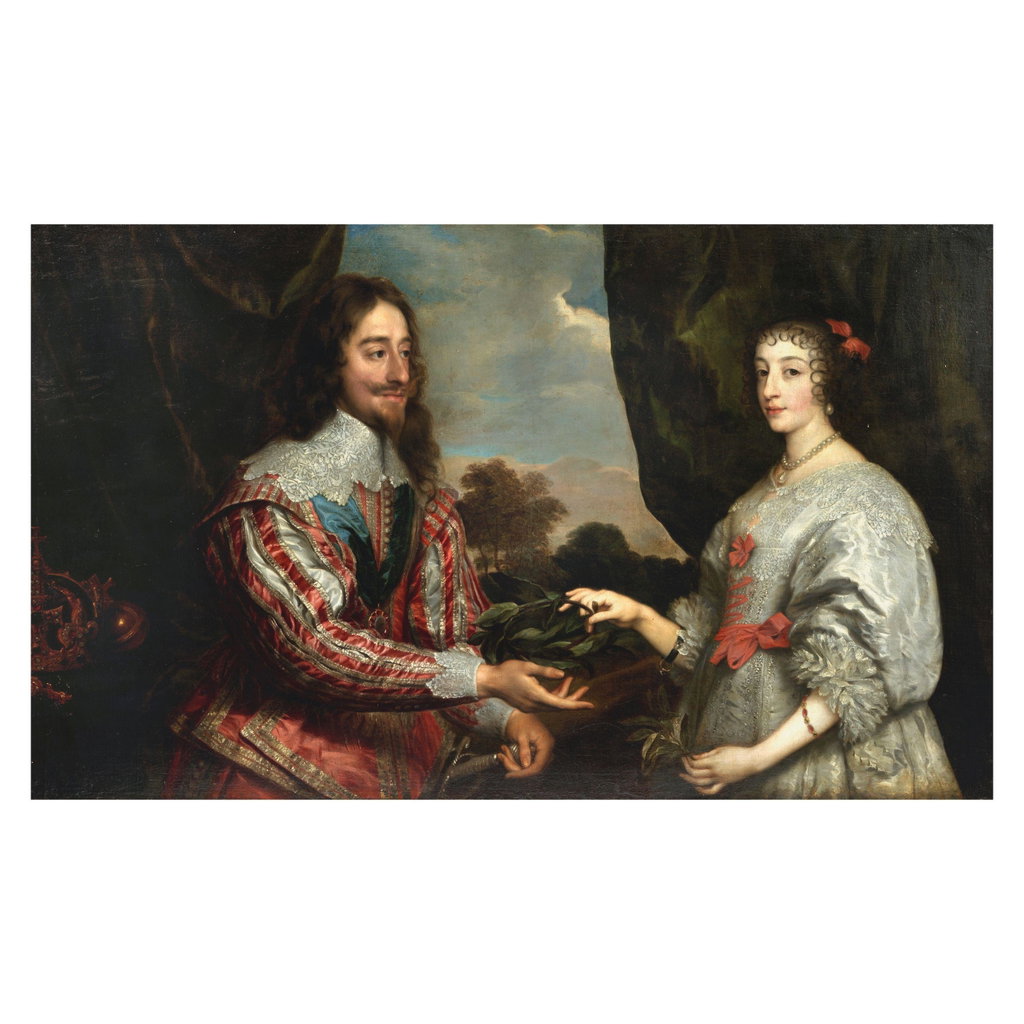 Portrait of King Charles I and Queen Henrietta Maria seated before a curtain and landscape by Studio of Sir Anthony van Dyck sold for $185,400. Image courtesy of Bonhams