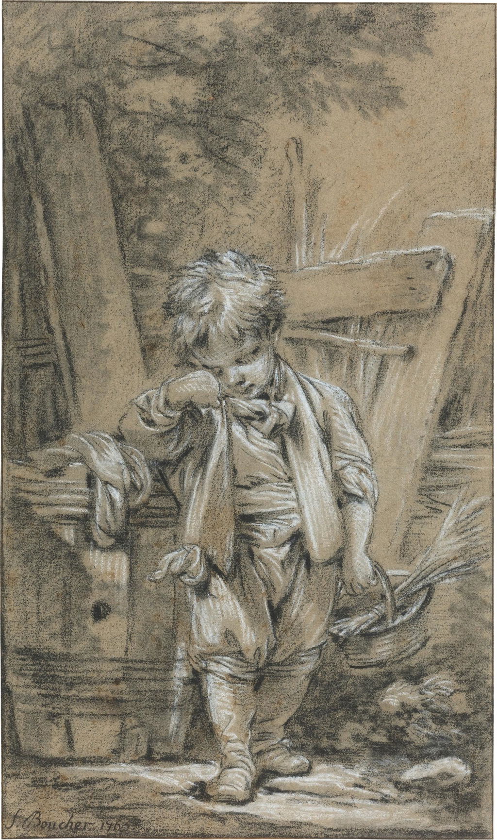 Young boy leaning against a barrel and holding a basket. Image courtesy of Sotheby's